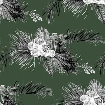Seamless black and white pattern with a Bouquet of roses and tropical dried Stock Illustration
