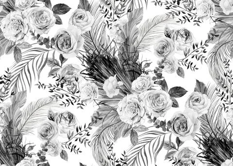 Seamless black and white pattern with a Bouquet of roses and tropical dried Stock Illustration