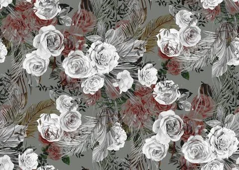 Seamless black and white pattern with a Bouquet of roses and tropical dried Illustrazione stock