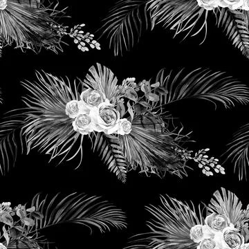 Seamless black and white pattern with the roses in Boho style painted in Illustrazione stock