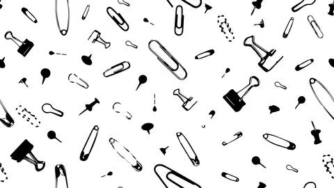 Seamless black and white pattern of stationery, background with paper clips Stock Illustration