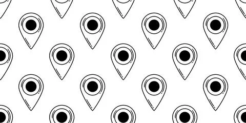 A seamless black-and-white pattern featuring hand-drawn location pins, perf.. Stock Illustration