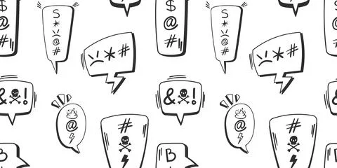 A seamless black-and-white pattern featuring expressive doodle-style speech.. Illustrazione stock