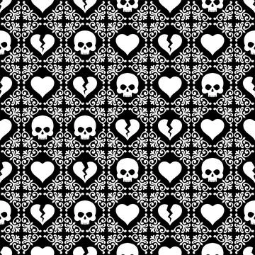 Seamless black and white pattern with hearts and skulls, symbolizing gothic.. Illustrazione stock
