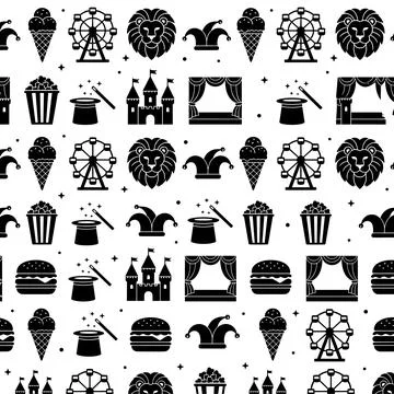Seamless black and white pattern of circus and carnival icons including Fer.. Stock Illustration