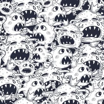 Seamless black and white texture with many cartoon coronavirus bacteria that cry Stock Illustration