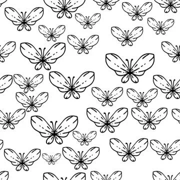 Seamless black and white vector pattern with butterflies Illustrazione stock