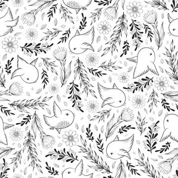 Seamless black and white vector pattern with hand drawn branches, leaves, flo Stock Illustration