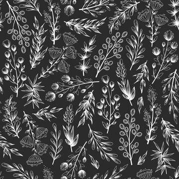 Seamless black and white vector pattern with hand drawn flowers, branches, le Stock Illustration