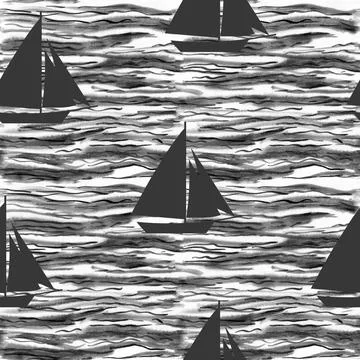 Seamless black and white wave pattern water watercolor with silhouettes of bo Stock Illustration