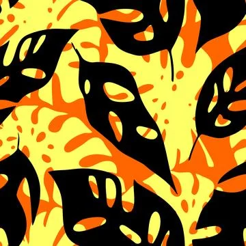 Seamless black and yellow pattern from the contours of tropical leaves on a.. Stockillustratie