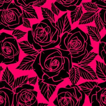 Seamless black asymmetric pattern of rose contours on a pink background Stockillustratie