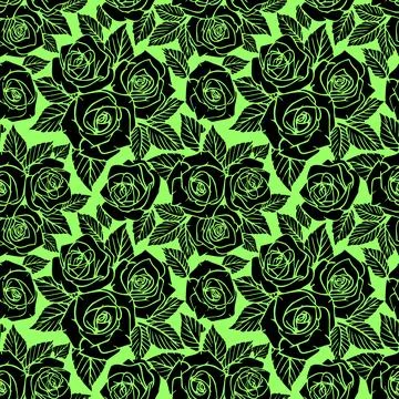 Seamless black asymmetric pattern of rose contours on a green background イラスト素材