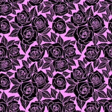 Seamless black asymmetric pattern of rose contours on a pink background, te.. Stock Illustration
