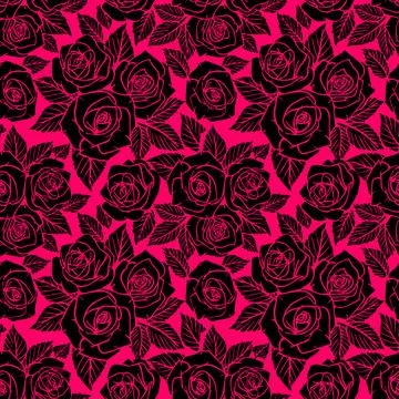 Seamless black asymmetric pattern of rose contours on a pink background, te.. Stock Illustration