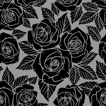 Seamless black asymmetric pattern of rose contours on a gray background, te.. Stock Illustration