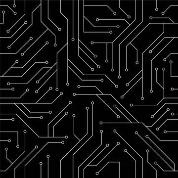 Seamless black circuit board pattern with white connection lines Stock Illustration