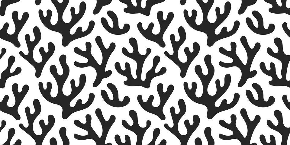 Seamless black coral reef pattern on white background, vector marine cutout Stock Illustration