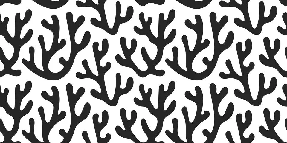 Seamless black coral reef pattern on white background, vector marine cutout Stock Illustration