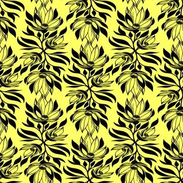Seamless black graphic floral pattern on yellow background, texture Stock Illustration
