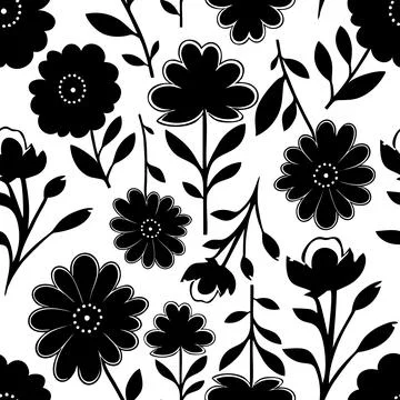 Seamless black graphic floral pattern on white background, texture Stock Illustration