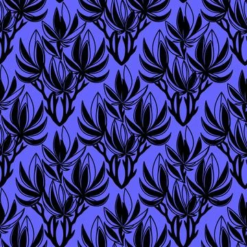 Seamless black graphic floral pattern on blue background, texture Stock Photos