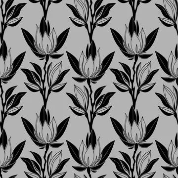 Seamless black graphic floral pattern on gray background, texture Stock Photos