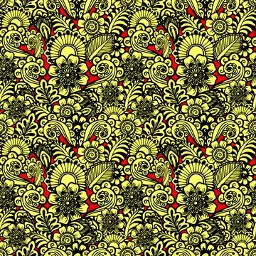 Seamless black graphic pattern on a yellow background, oriental motifs, tex.. Stock Illustration