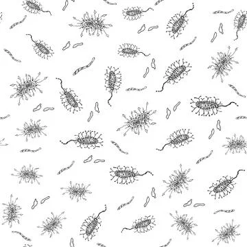 Seamless black hand-drawn patterns of viruses on a white background Stock Illustration