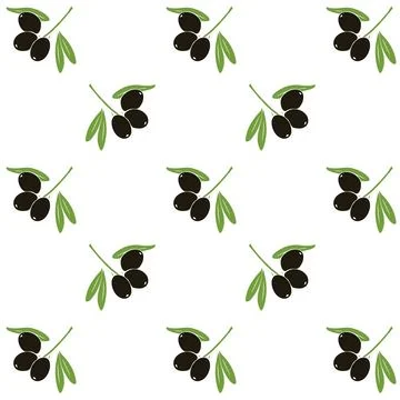 Seamless Black Olive Pattern with Green Leaves Stock Illustration