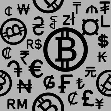 Seamless black pattern of graphic symbols of different currencies Stock Illustration