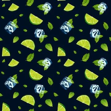 Seamless black pattern, mojito with Ice cubes Stock Illustration