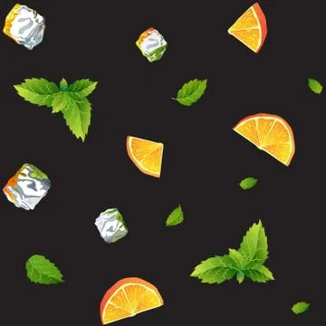 Seamless black pattern, orange, mint and Ice cubes Stock Illustration