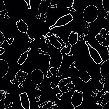 Seamless black pattern with party elements for New Year &amp; Other occasions. Illustrazione stock