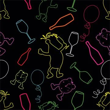 Seamless black pattern with party elements for New Year &amp; Other occasions. Illustrazione stock