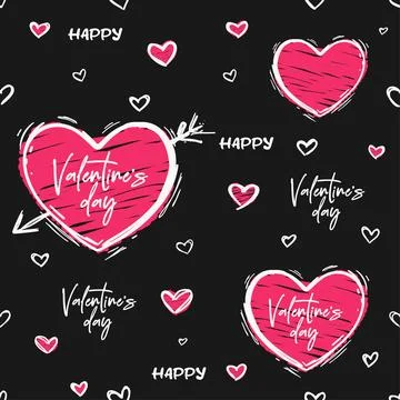 Seamless black pattern Valentine's Day sketched hearts. The doodle style ro.. Stock Illustration