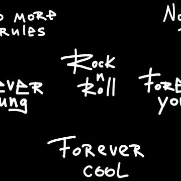 Seamless black pattern with white inscriptions about rock and roll, no more Stock Illustration