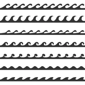 Seamless black sea waves borders patterns collection horizontal vector lines Illustrazione stock