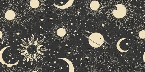 Seamless black space pattern with sun, crescent and stars on a blue backgroun イラスト素材