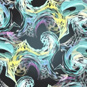 Seamless black textile pattern of lines and dots swirling in a s Stock Illustration