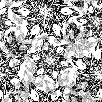 Seamless black tracery of a pattern of abstract decorative elements on a gr.. 库存插图