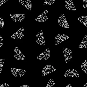 Seamless black Vector outline pattern of slices fresh lemon isolated on a whi Illustrazione stock