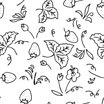 Seamless black Vector outline pattern of strawberries and leaves and flowers Stock Illustration