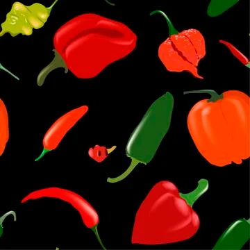 Seamless black vector pattern with various pepper types Stock Illustration