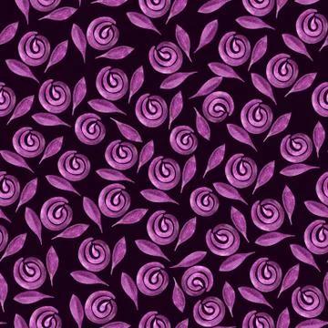 Seamless black-violet pattern with autumn flowers and leaves, isolated. Stock Illustration