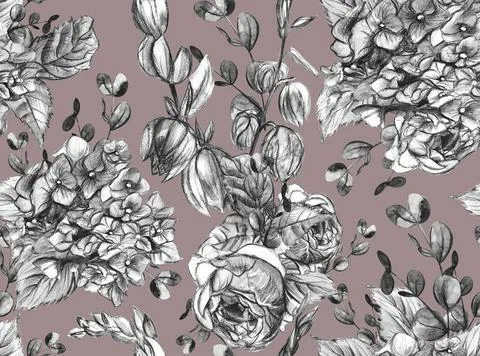 Seamless black-white floral pattern with hydrangeas and roses drawn Stock Illustration