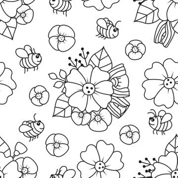 Seamless black-white pattern with flowers and bees.  Stock Illustration