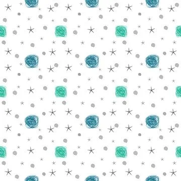 Seamless blue and green scribble circles and star pattern on white background. Stock Illustration