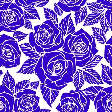 Seamless blue asymmetric pattern of rose contours on a white background, te.. Stock Illustration