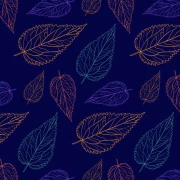 Seamless blue background with Botanical colored nettle leaf outlines Stock Illustration